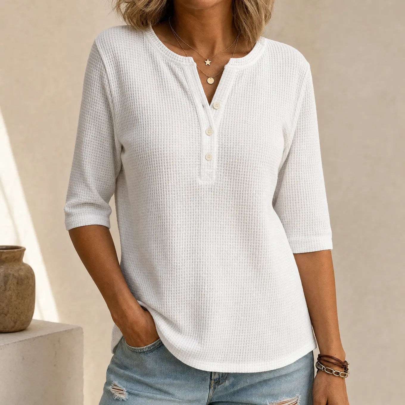 Loravia – Waffle Knit-look Henley Top with Button Placket, 3/4 Sleeve