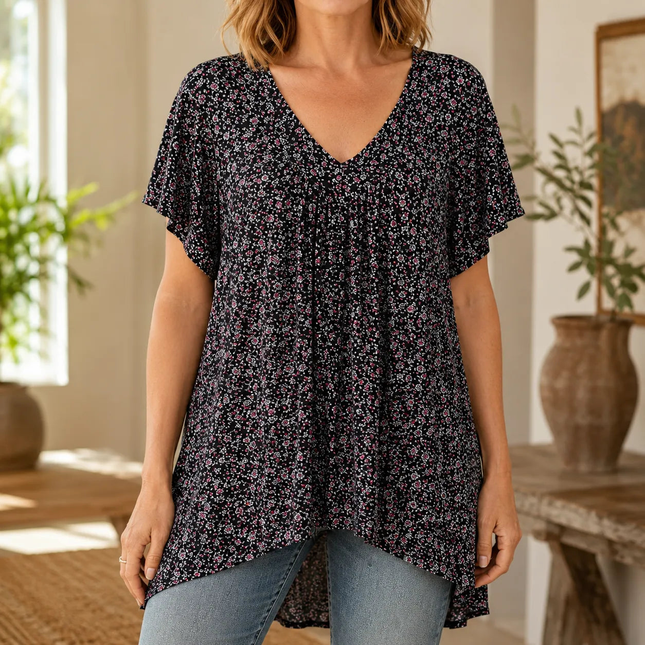Florenza – Floral V-neck Short Sleeve Tunic Top for Women