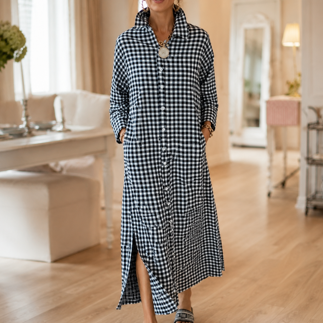 Harlowe – Gingham Button-Front Maxi Shirt Dress with Side Slits