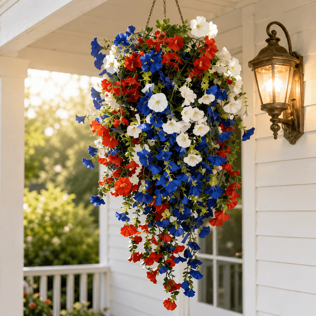 Liberty Bloom – Patriotic Hanging Flower Basket with LED Lights, Red White Blue Silk Blooms for July 4th Porch Decor