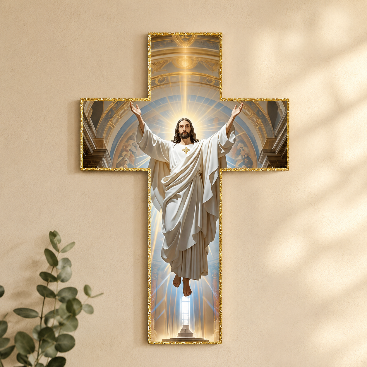 Graceholm – Risen Jesus Wall Cross, Gold Acrylic Christian Home Decor