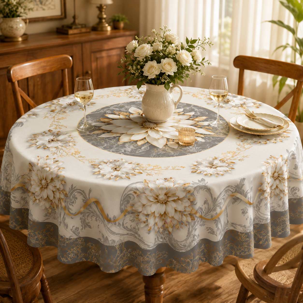 Florenza – Embossed Floral Waterproof Tablecloth for Round & Rectangular Tables