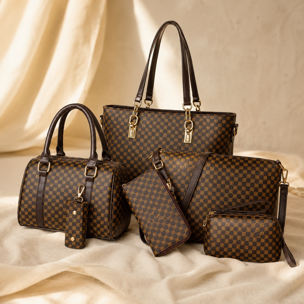 Carrelle – 6-Piece Checkered Handbag Set, Tote Crossbody Wallet for Women