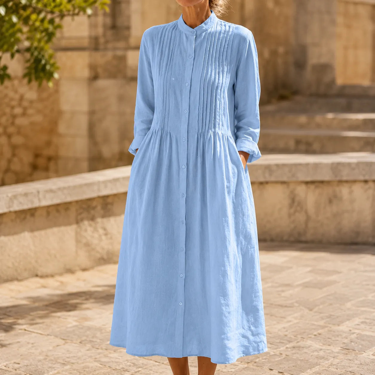 Costera – Flowy Pintuck Shirt Dress, Linen-look, Midi Length