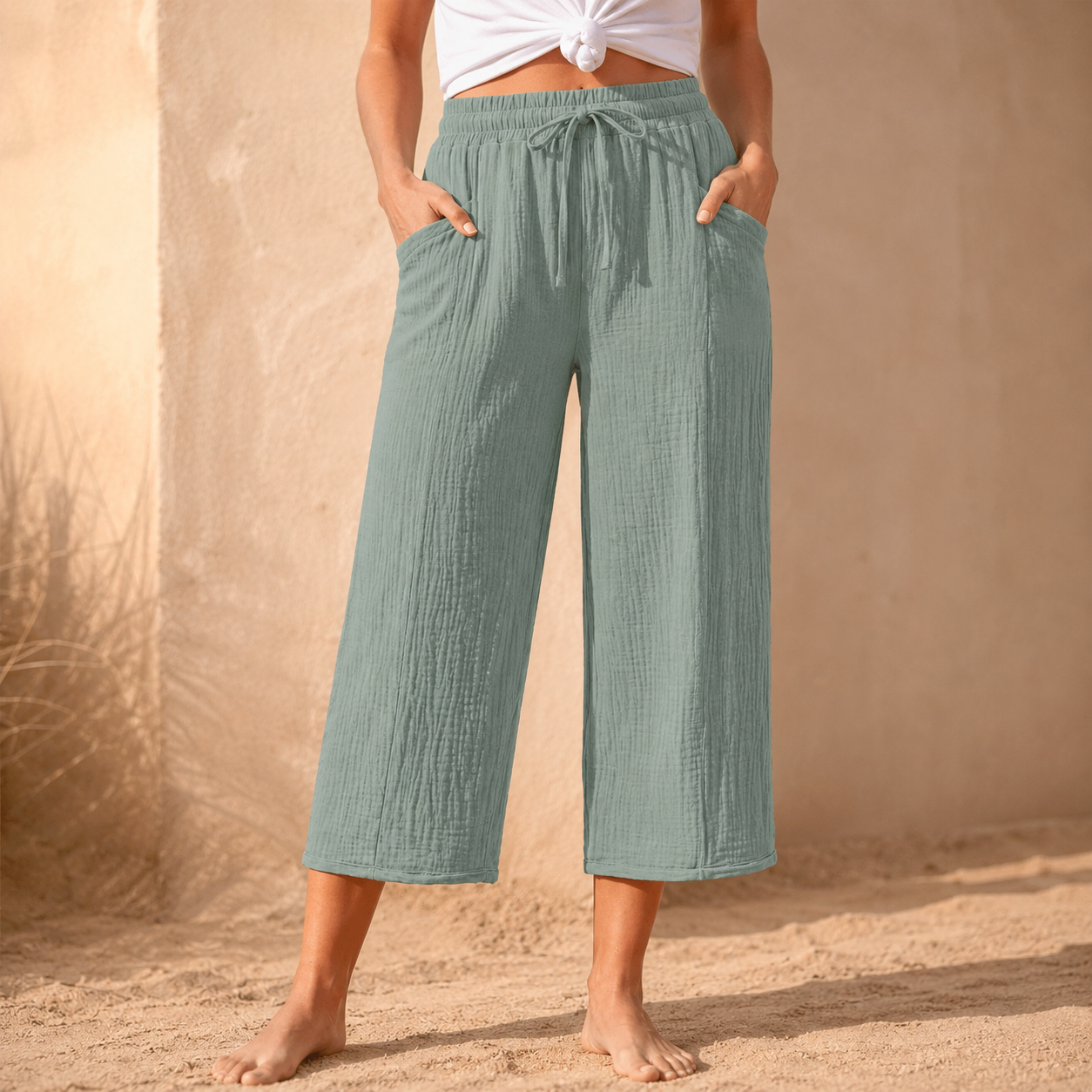 Linelle – Women's Crinkle Wide-Leg Cropped Pants with Pockets