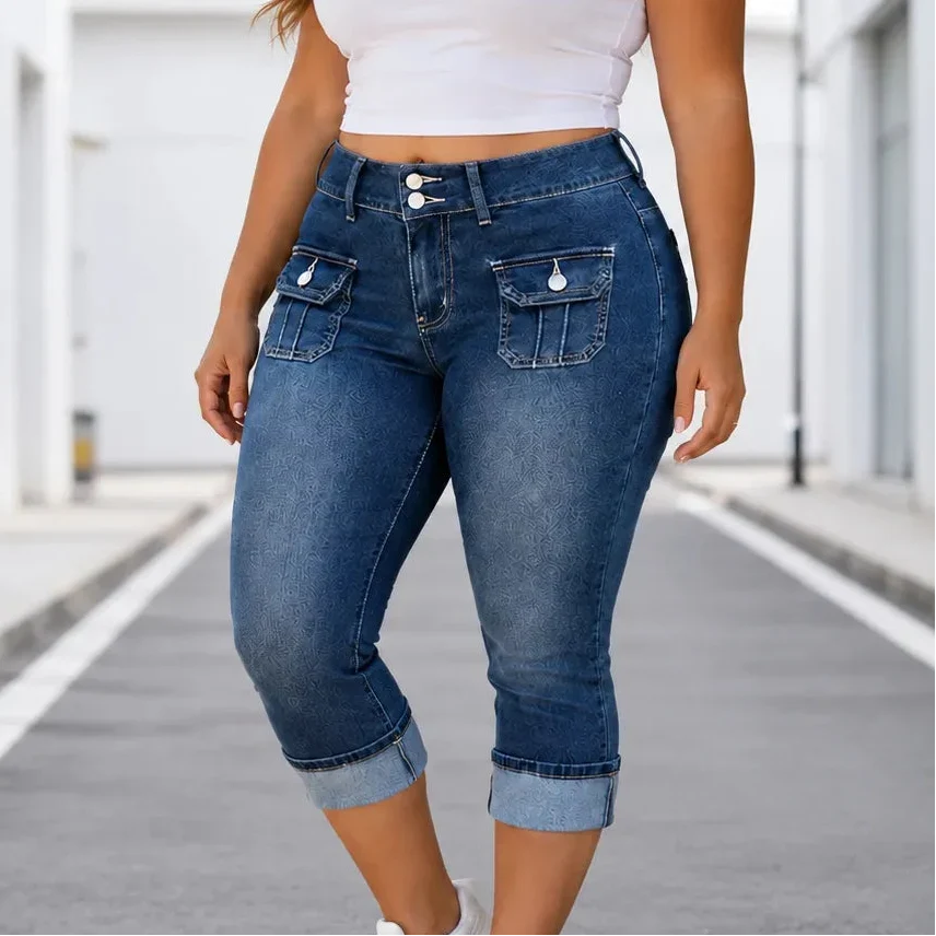 Curvella – Curvy Fit Stretch Denim-like Capri Jeans, Mid Rise Cuffed Hem