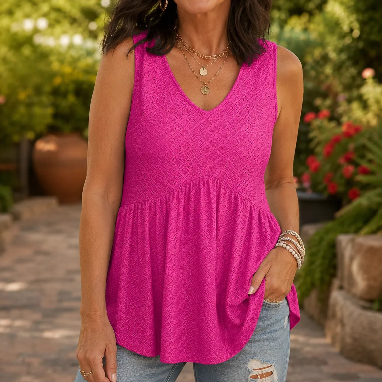 Florelle – Eyelet Peplum V-Neck Tank Top for Women, Flowy Sleeveless Summer Top
