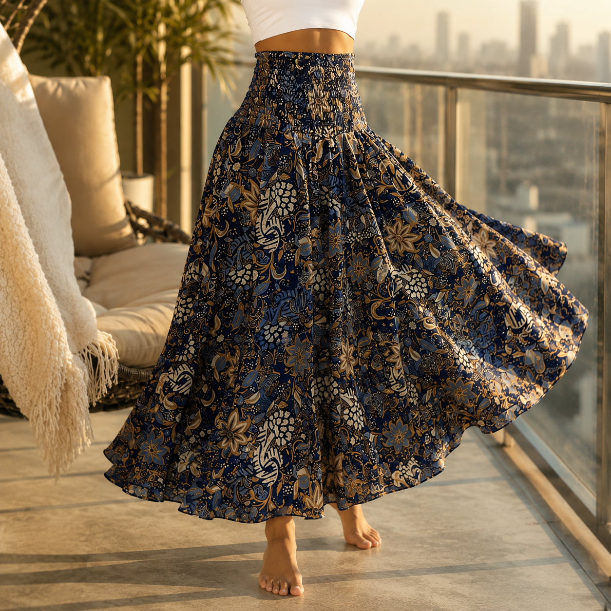 Floressa – Smocked High-Waist Floral Maxi Skirt with Flowy A-Line Sweep
