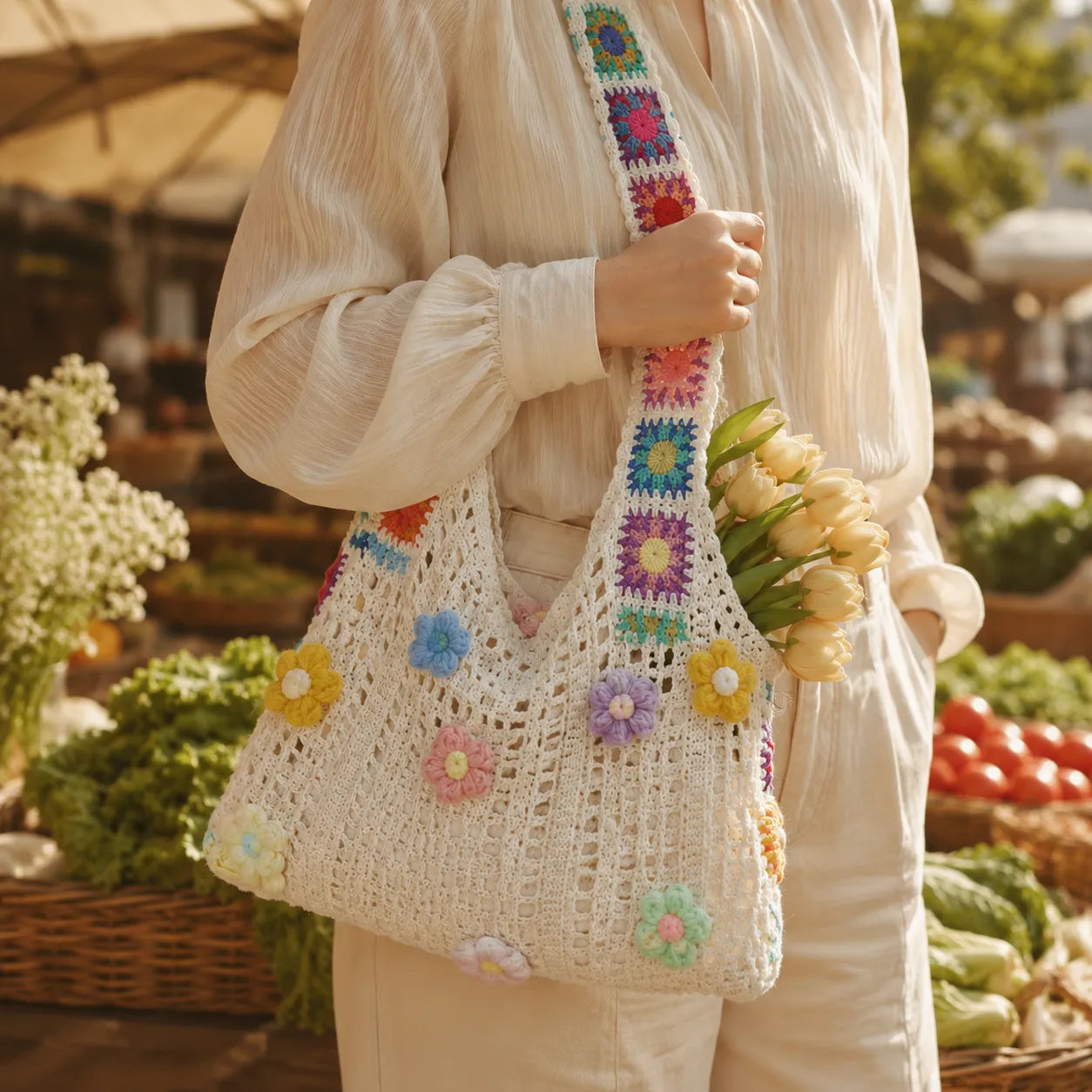 Florenza – Hand-Crocheted Floral Shoulder Bag for Women, Boho Granny-Square Tote with 3D Flowers