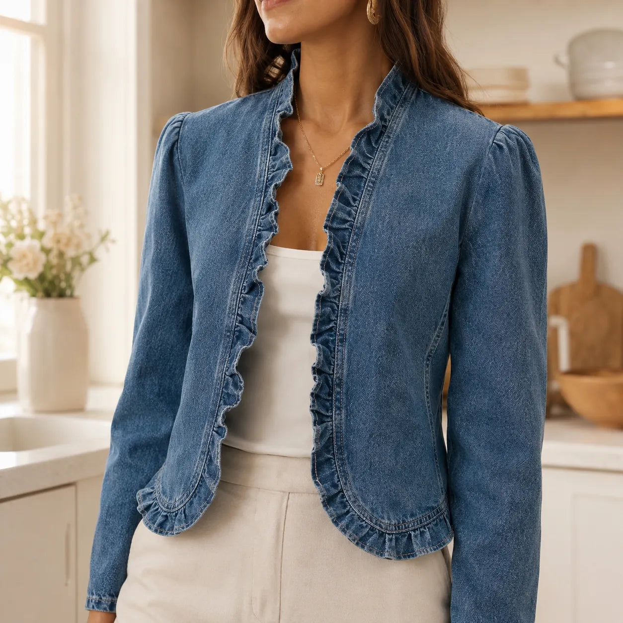 Florelle – Open Front Ruffle Trim Denim-look Jacket for Women