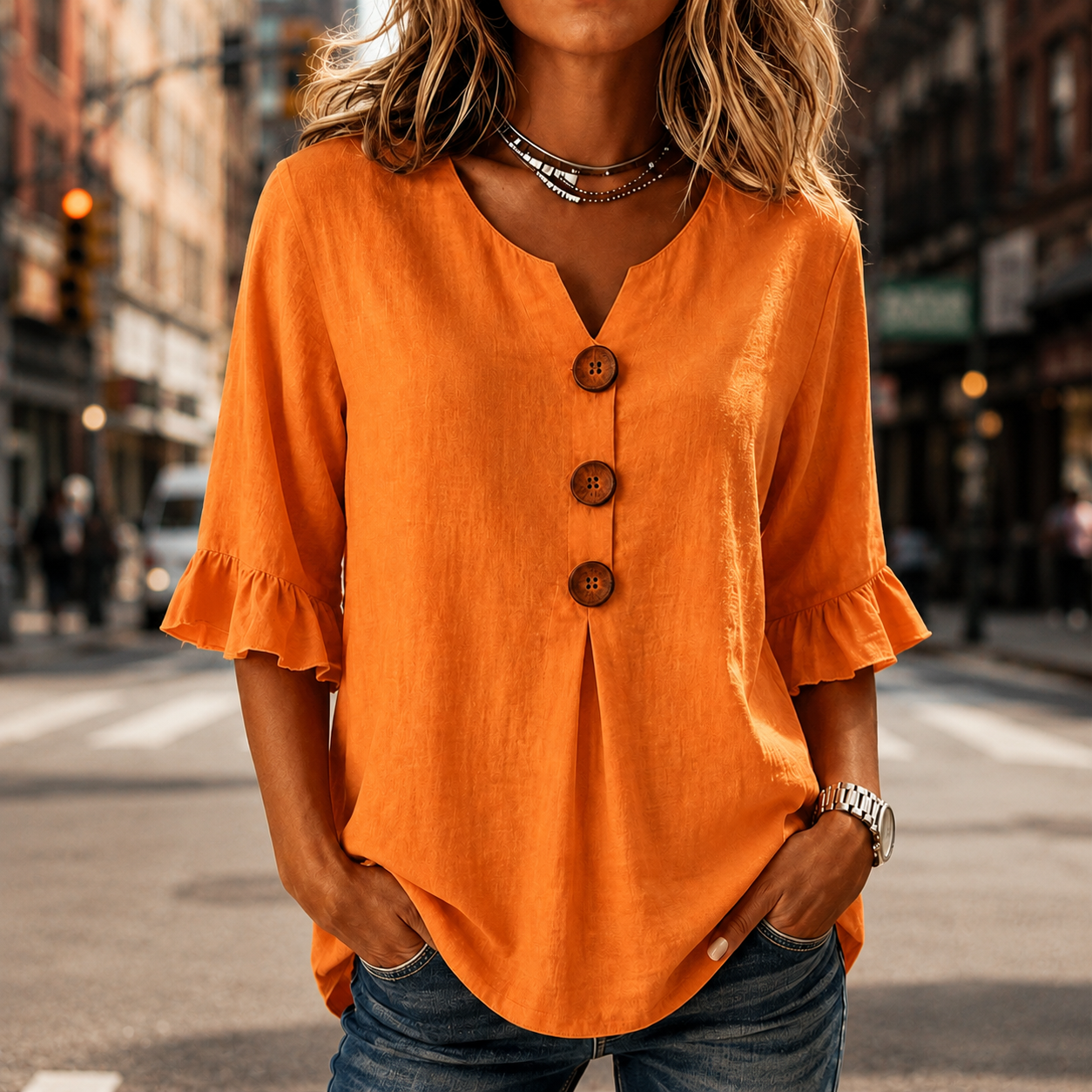 Laurelle – V-Neck Ruffle Sleeve Blouse with Buttons