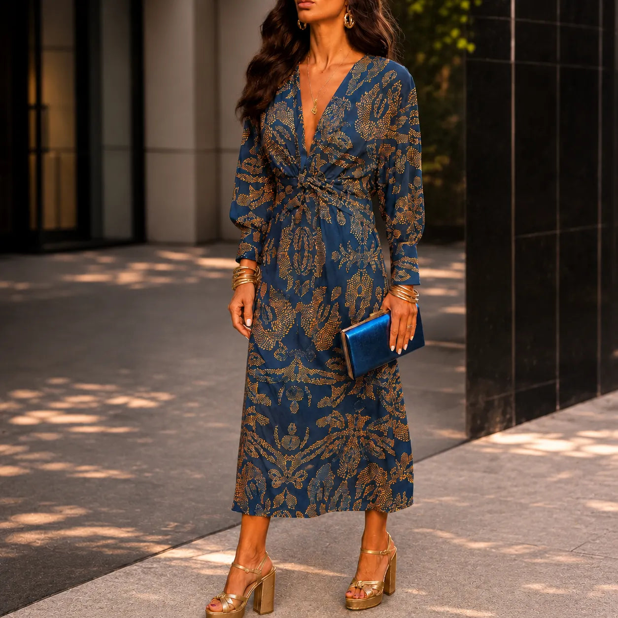 Florenza – Baroque Print Twist-Front Wrap Midi Dress