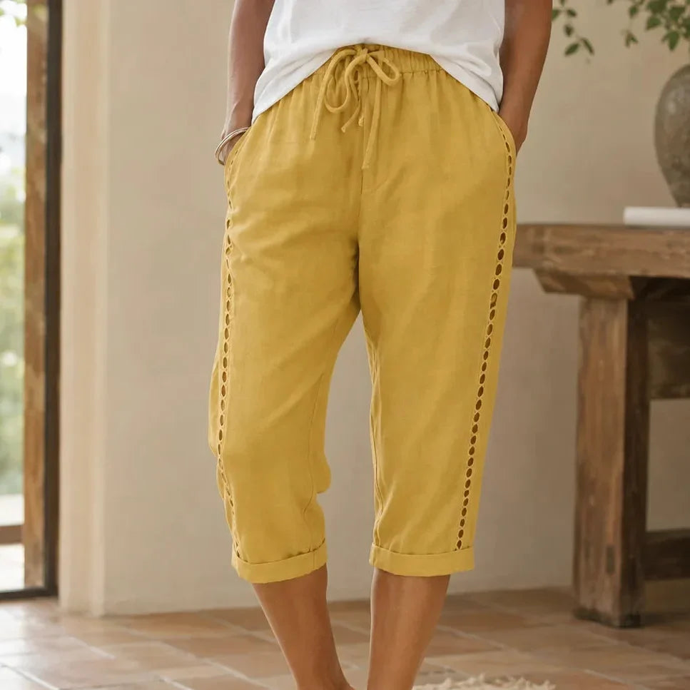 Loravie – Eyelet Trim Cotton-Linen-like Capri Pants with Drawstring Waist