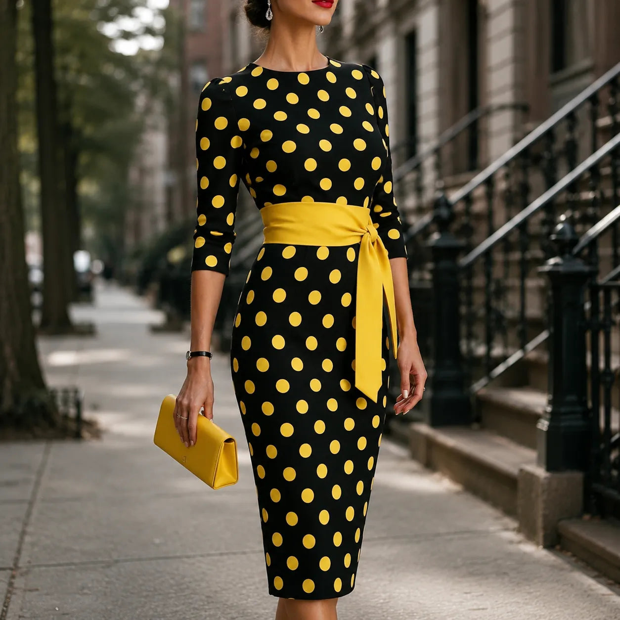Belora – Retro Polka Dot Midi Dress with Belted Waist