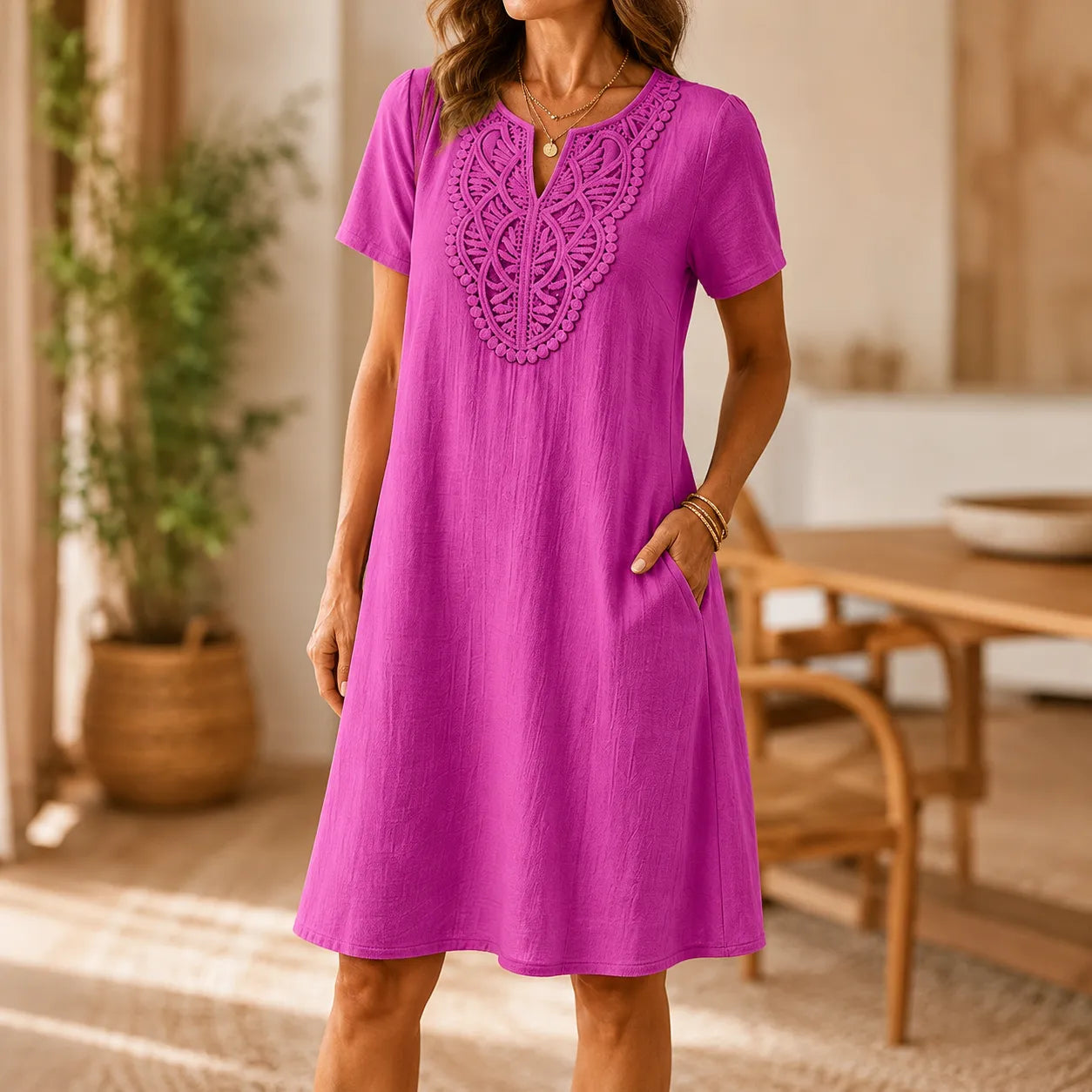 Loravie – Bohemian Lace-like Bib A-Line T-Shirt Dress
