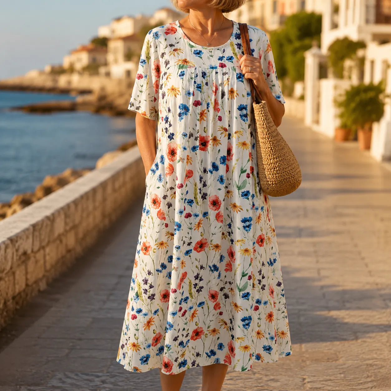 Fiorella – Floral Print Cotton-like Midi Dress with Pockets