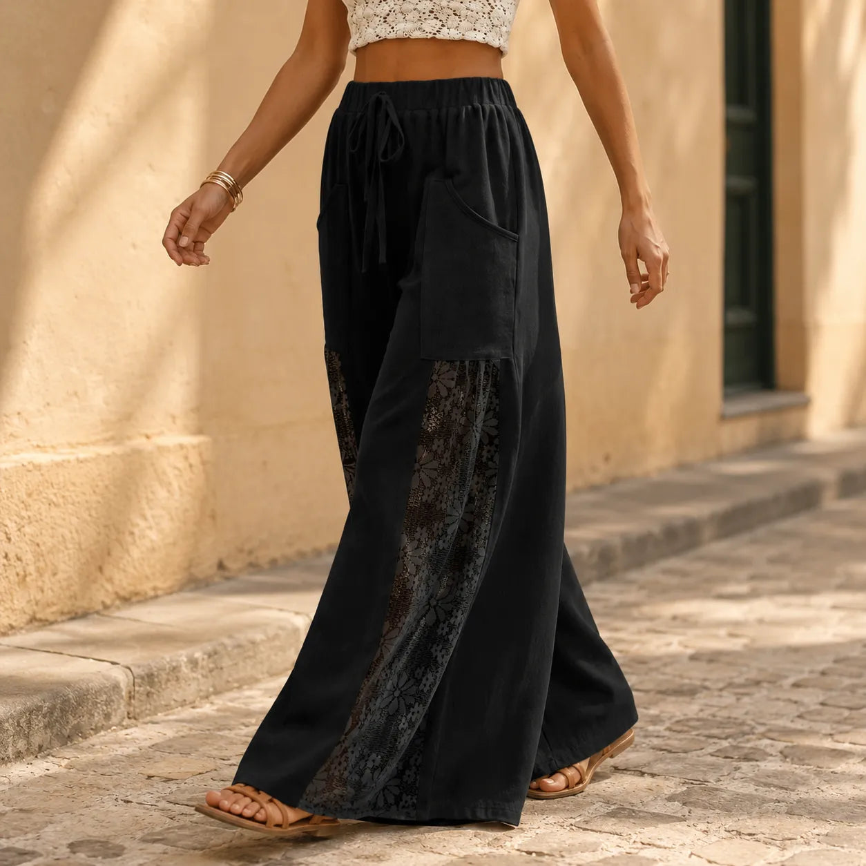 Lunavia – Floral lace-look wide-leg pants with drawstring waist and pockets