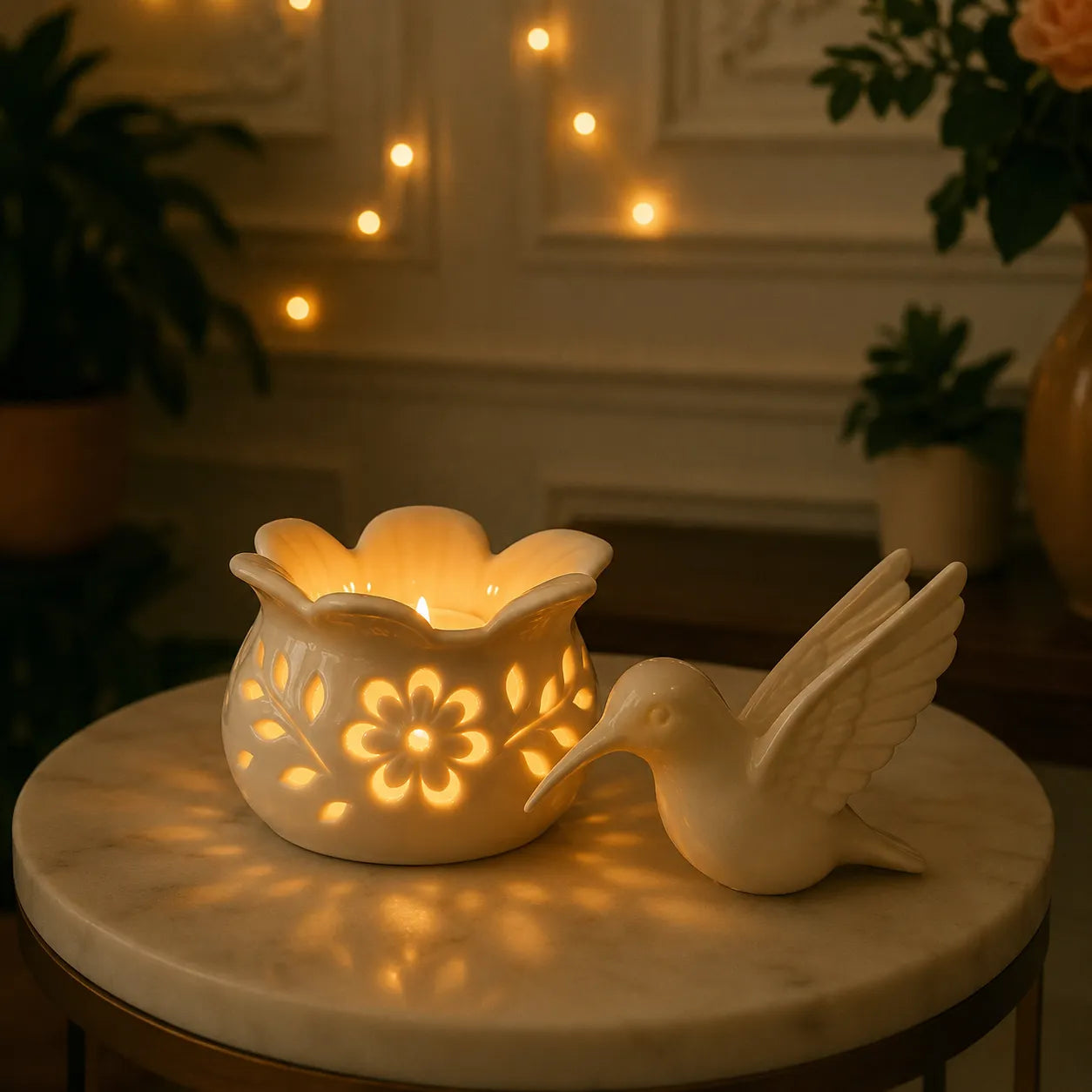 Lumavia – Hummingbird Tealight Candle Holder with Floral Shadow Base