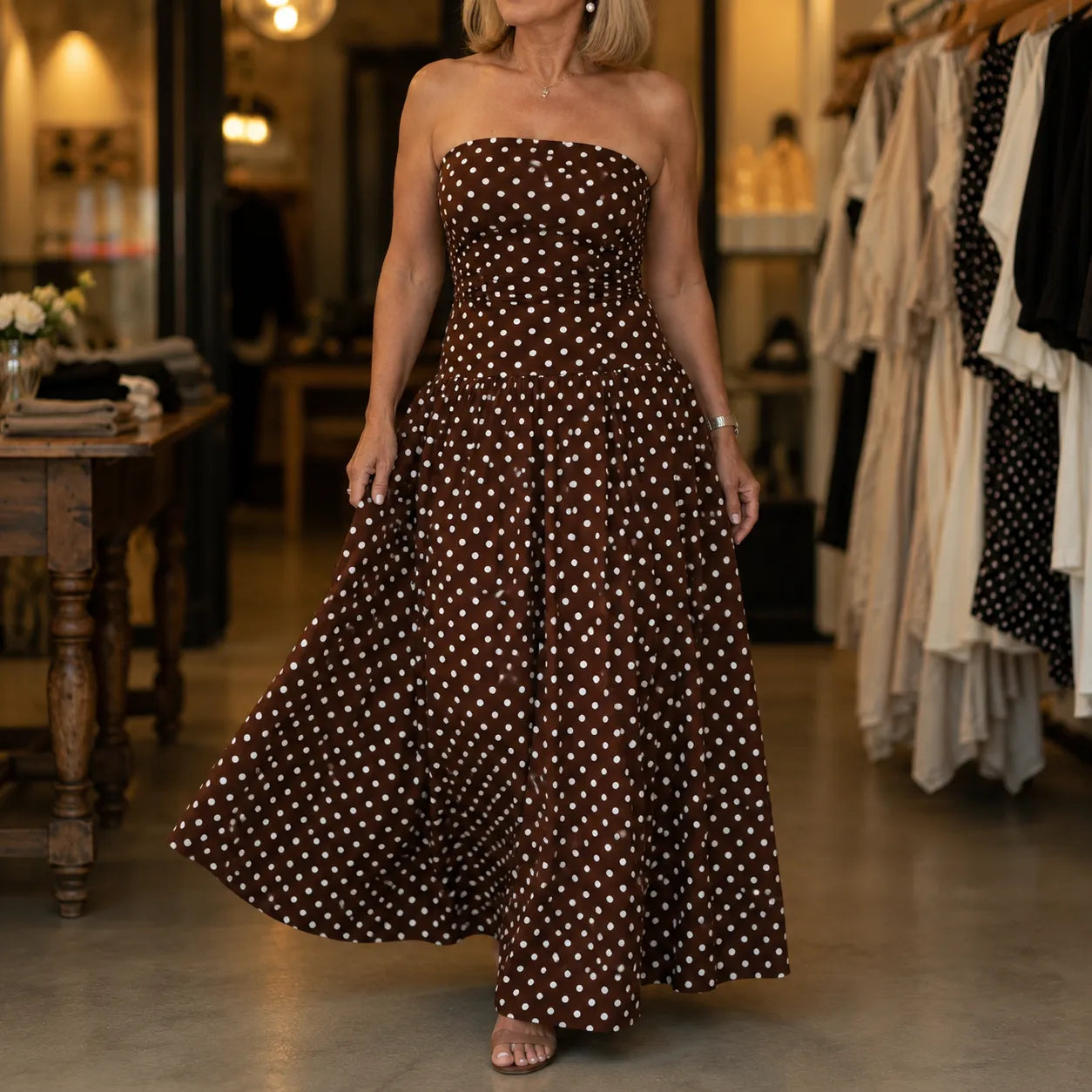 Doretta – Strapless Polka Dot Ruched Maxi Dress