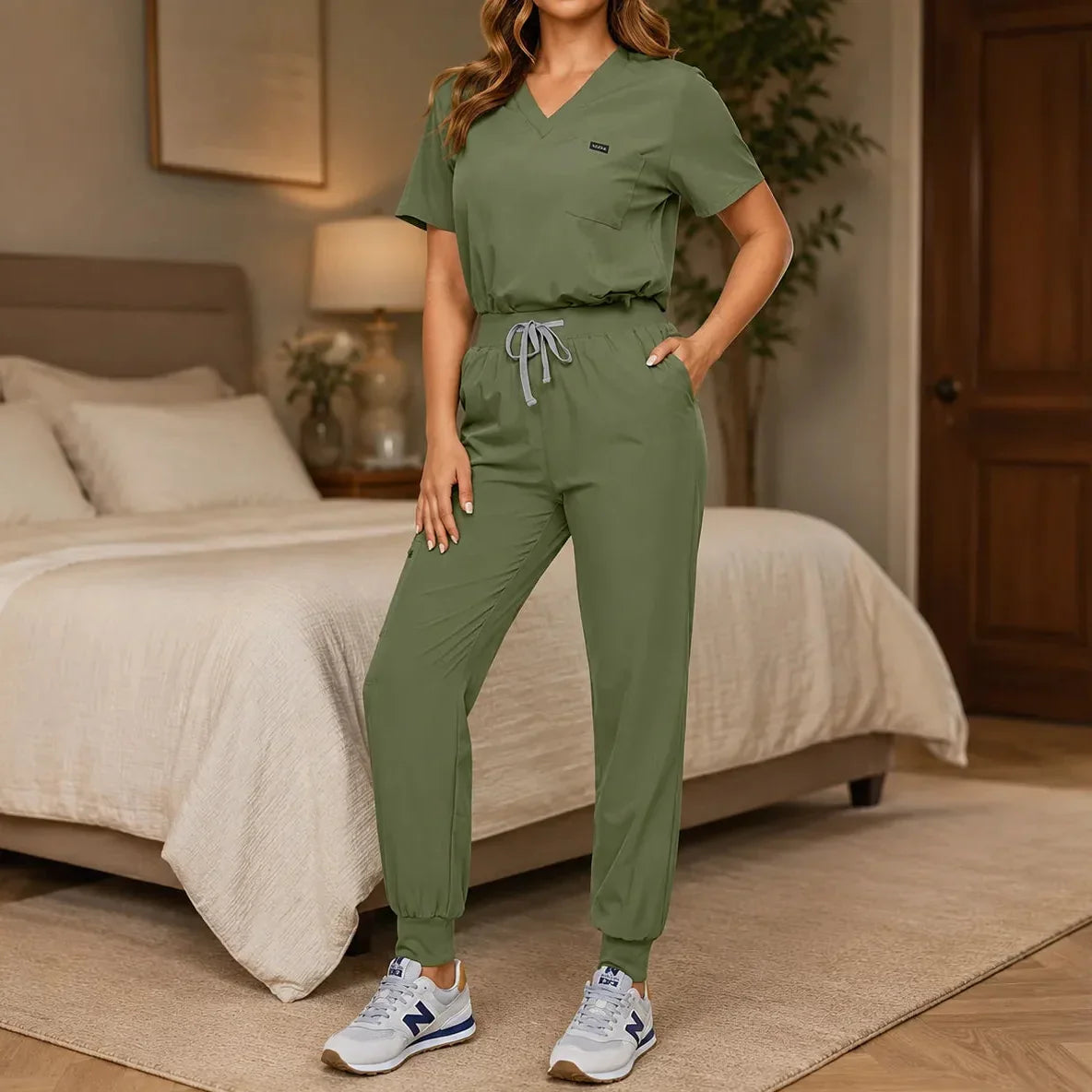 Corelle – V-Neck Jogger Scrub Set with Drawstring Waist and Pockets