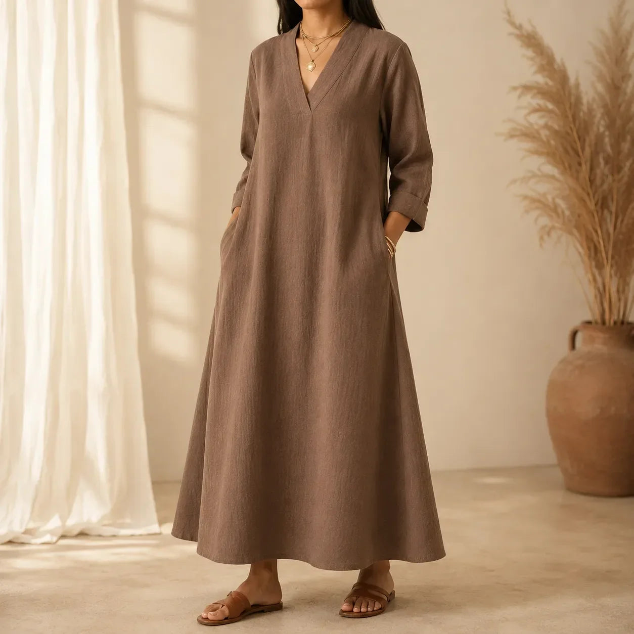 Lunara – Linen-Look V-Neck A-Line Maxi Dress with Pockets