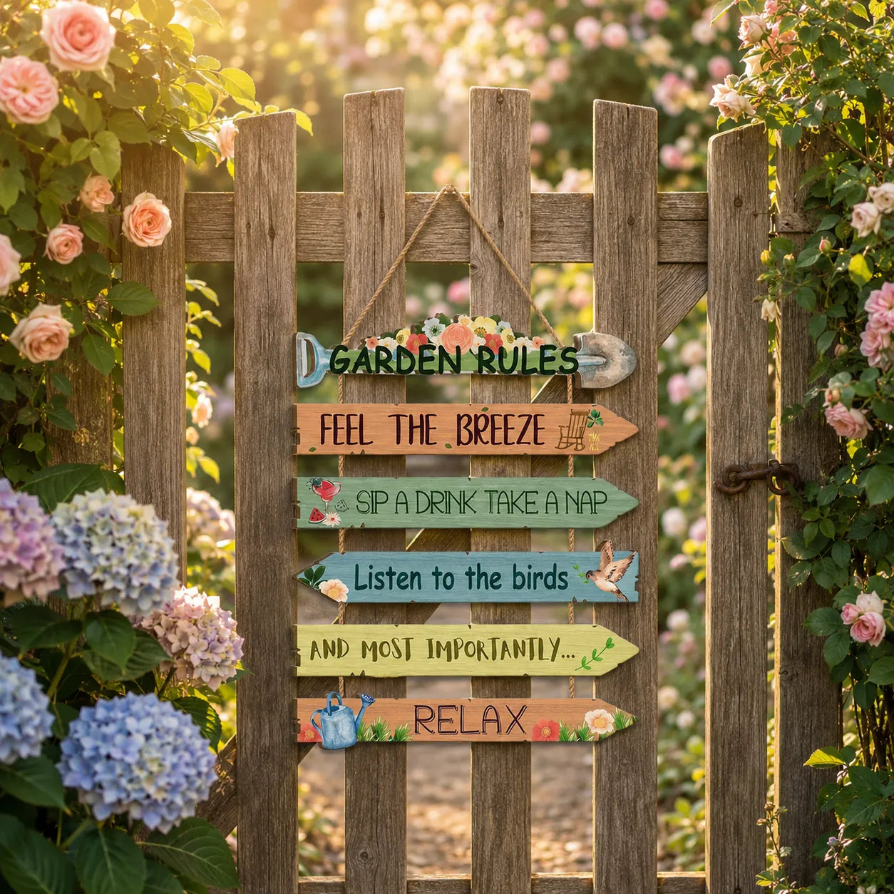 Blossomrow – Rustic Garden Rules Hanging Sign, Hand-Painted Wall Plaque with Rope