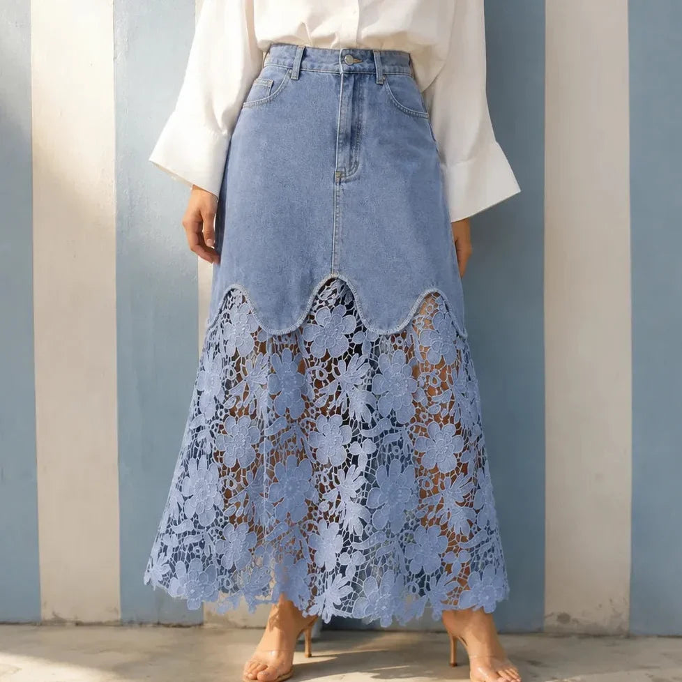 Florenza – Floral lace hem high waist denim maxi skirt with pockets