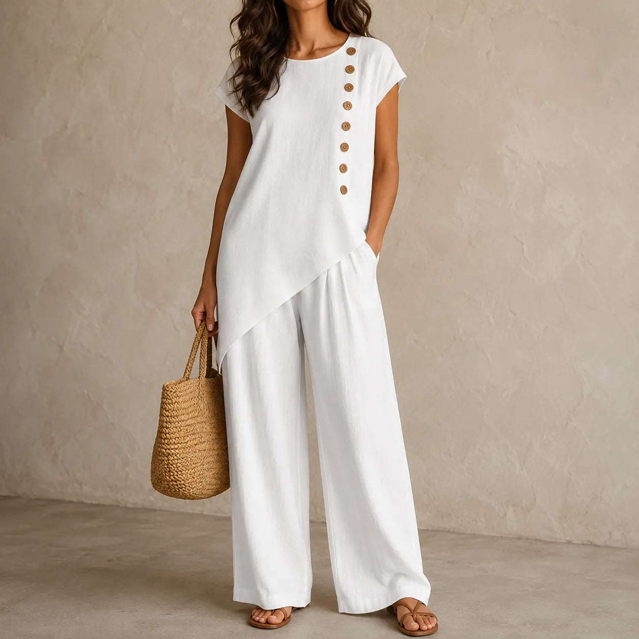 Elovena – Asymmetric Hem Matching Set with Wide-Leg Pants