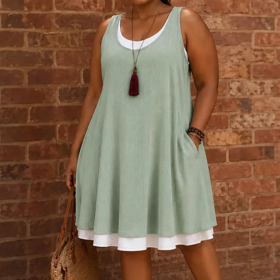 Breezella – Layered Summer Swing Dress, Sleeveless Two-Piece-like Design