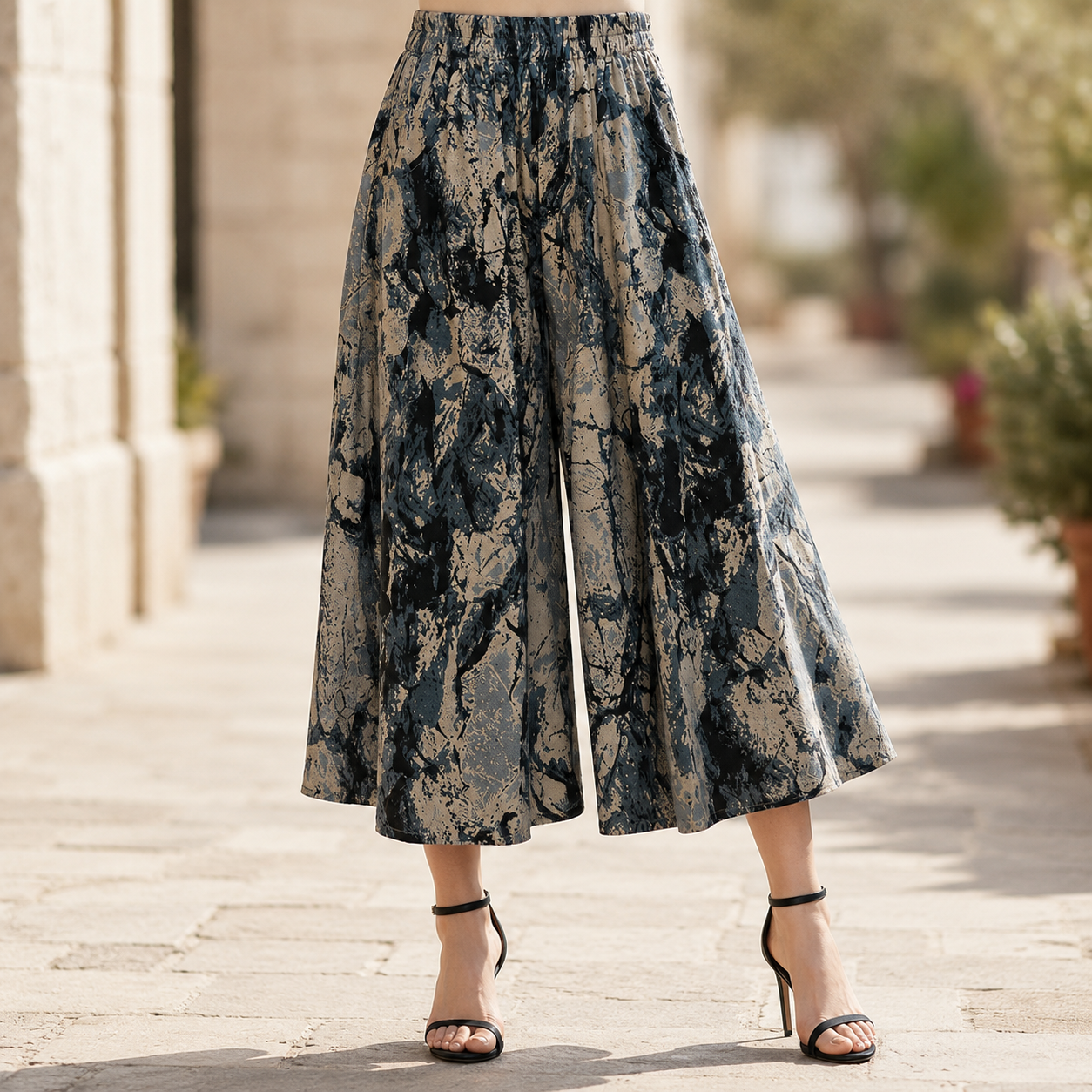 Florenza – Wide-Leg Flowy Summer Capri Pants with Elastic Waist & Pockets