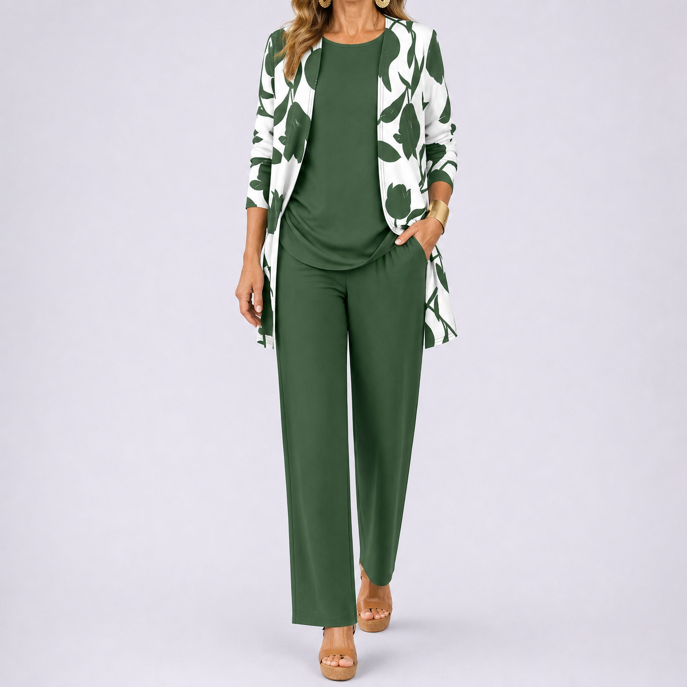 Brenda – Women's 3 Piece Set with Floral Cardigan, Scoop Top and Wide Leg Trousers