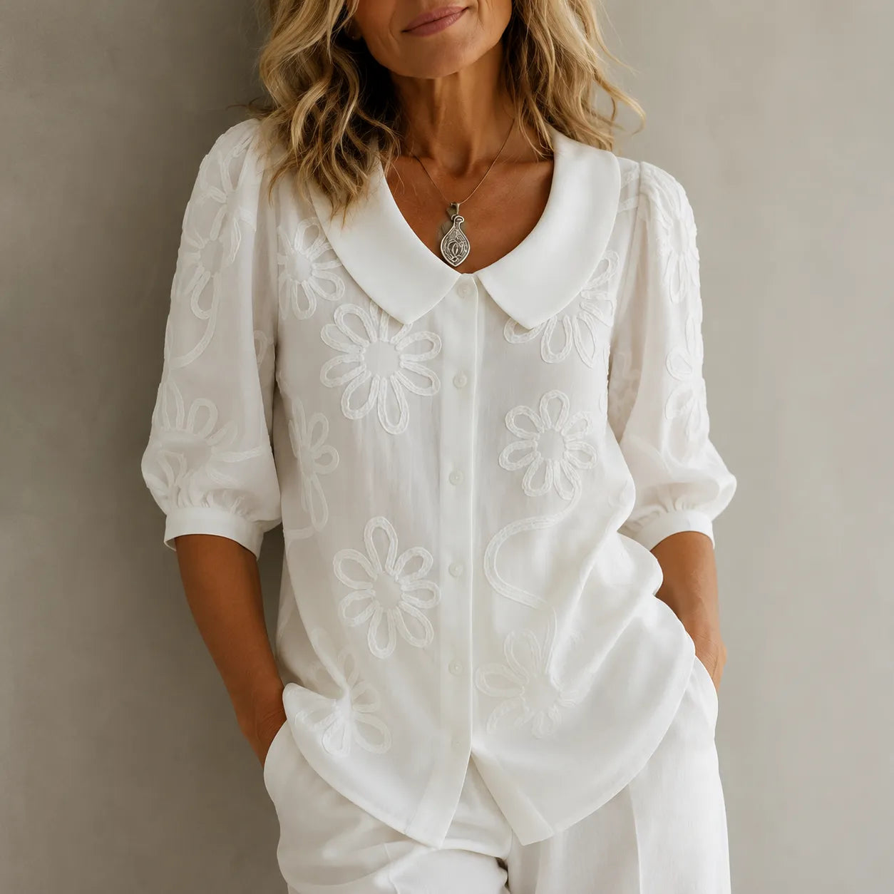 Fiora – Textured Floral Blouse with Puff Sleeves