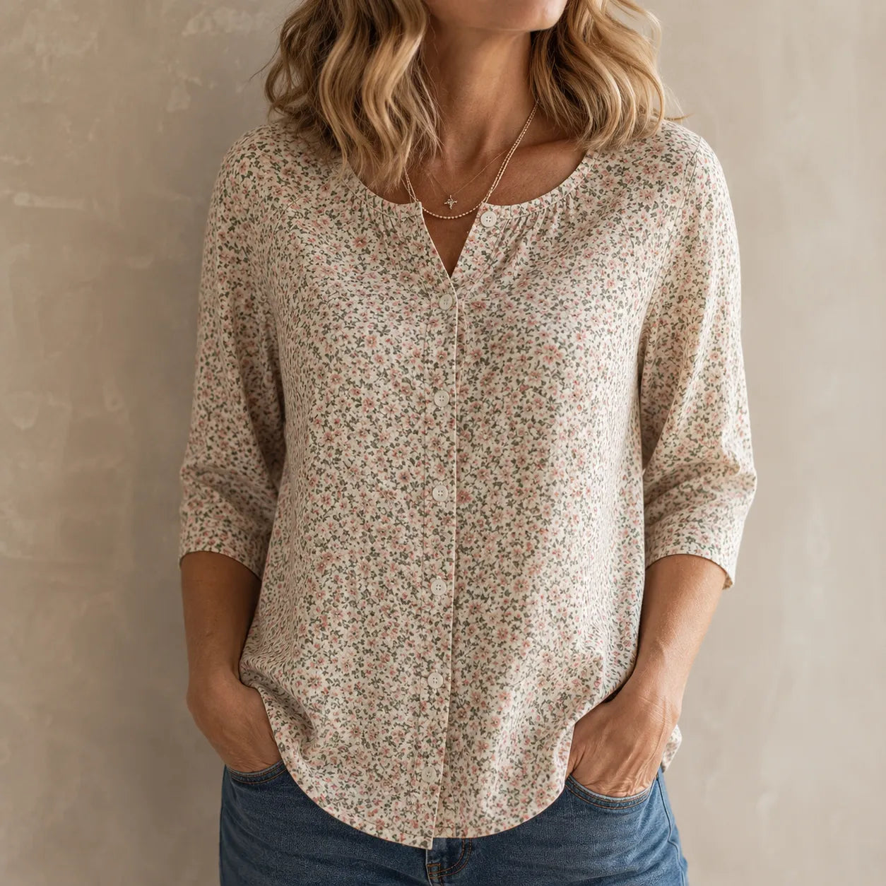 Florenne – Ditsy Floral Blouse with Buttons and 3/4 Sleeves
