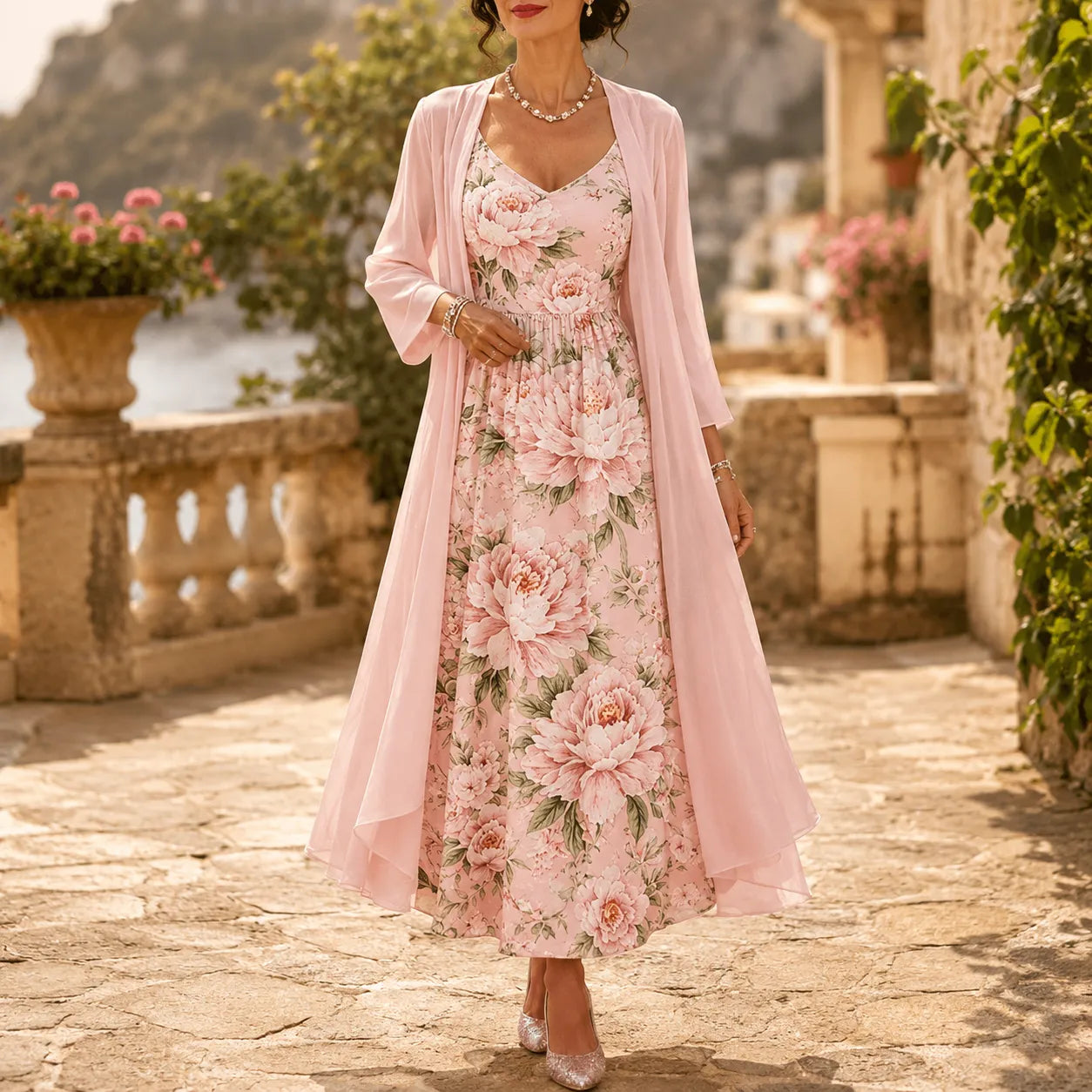 Florenza – Two-Piece Floral Maxi Dress with Sheer Duster