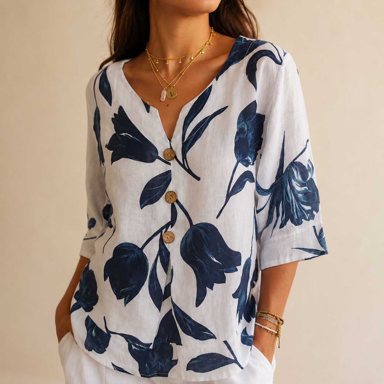 Florelle – Floral Linen V-Neck Popover Blouse with 3/4 Sleeves