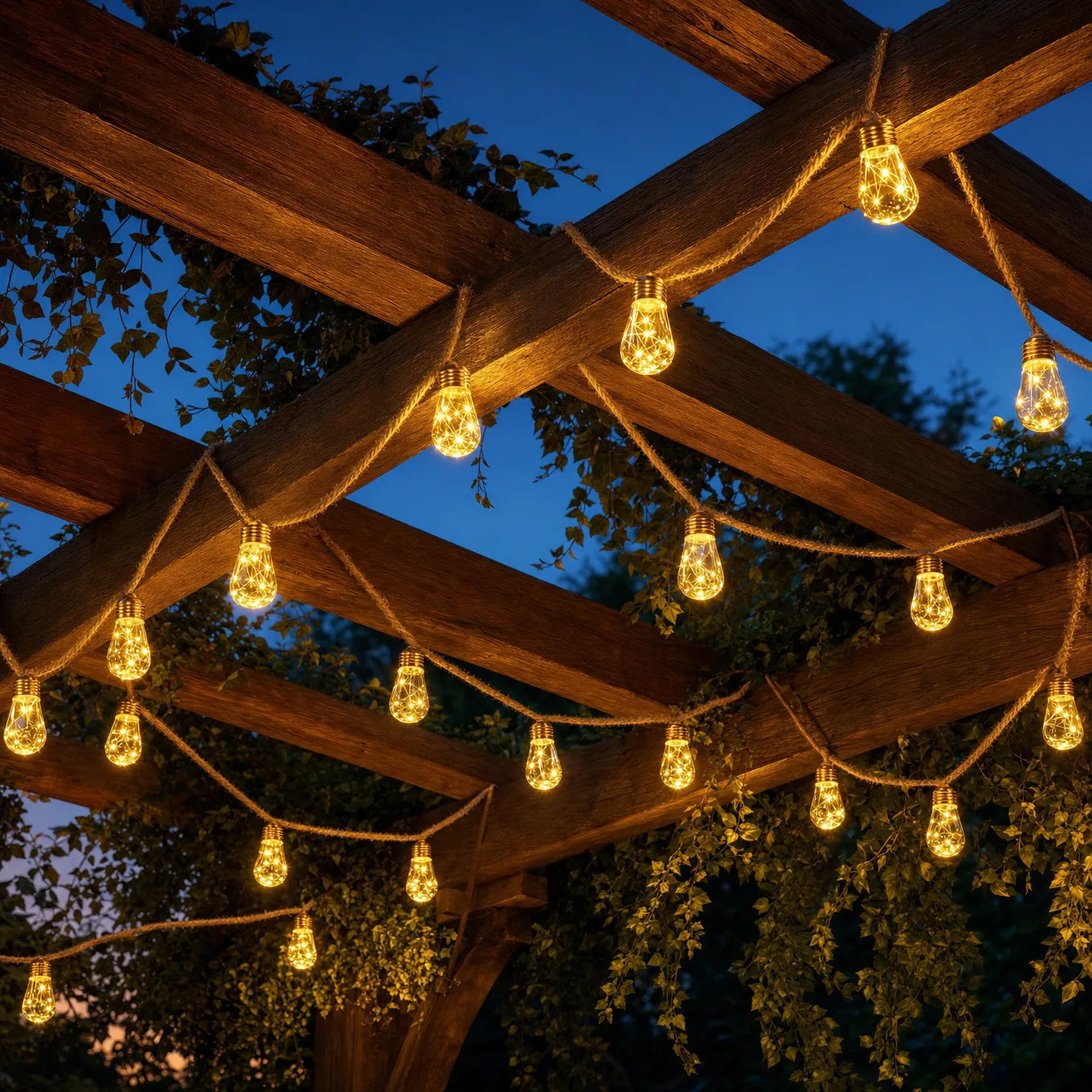 Glowvine – Solar Hemp Rope String Lights with Vintage LED Bulbs