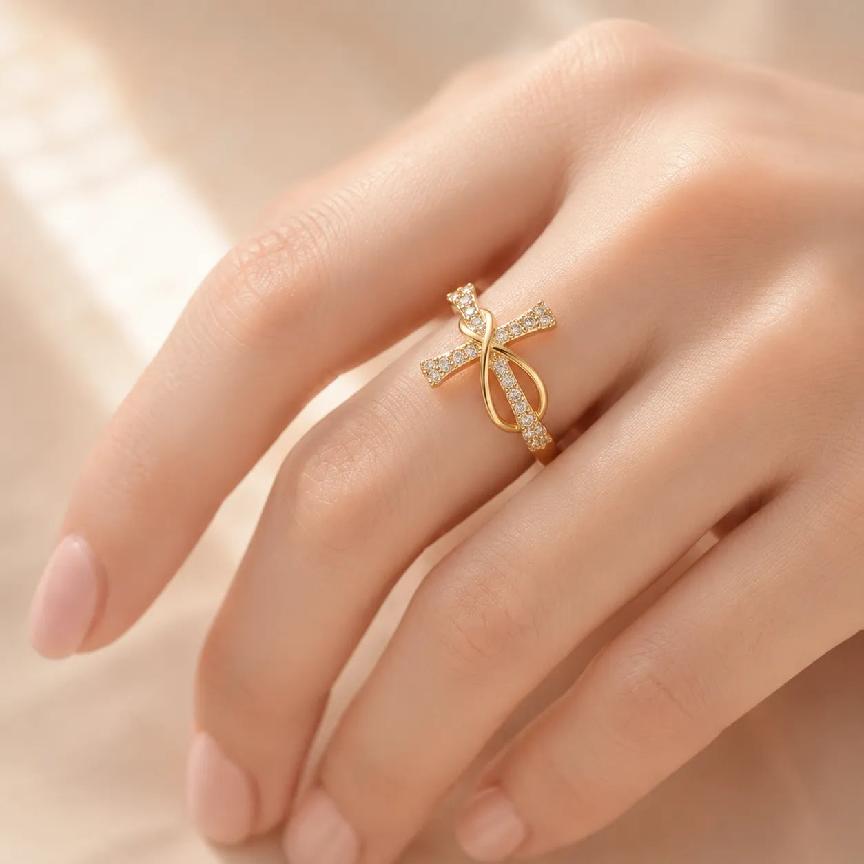 Graceloop – Mobius Cross Ring with Pavé Stones, Gold or Silver