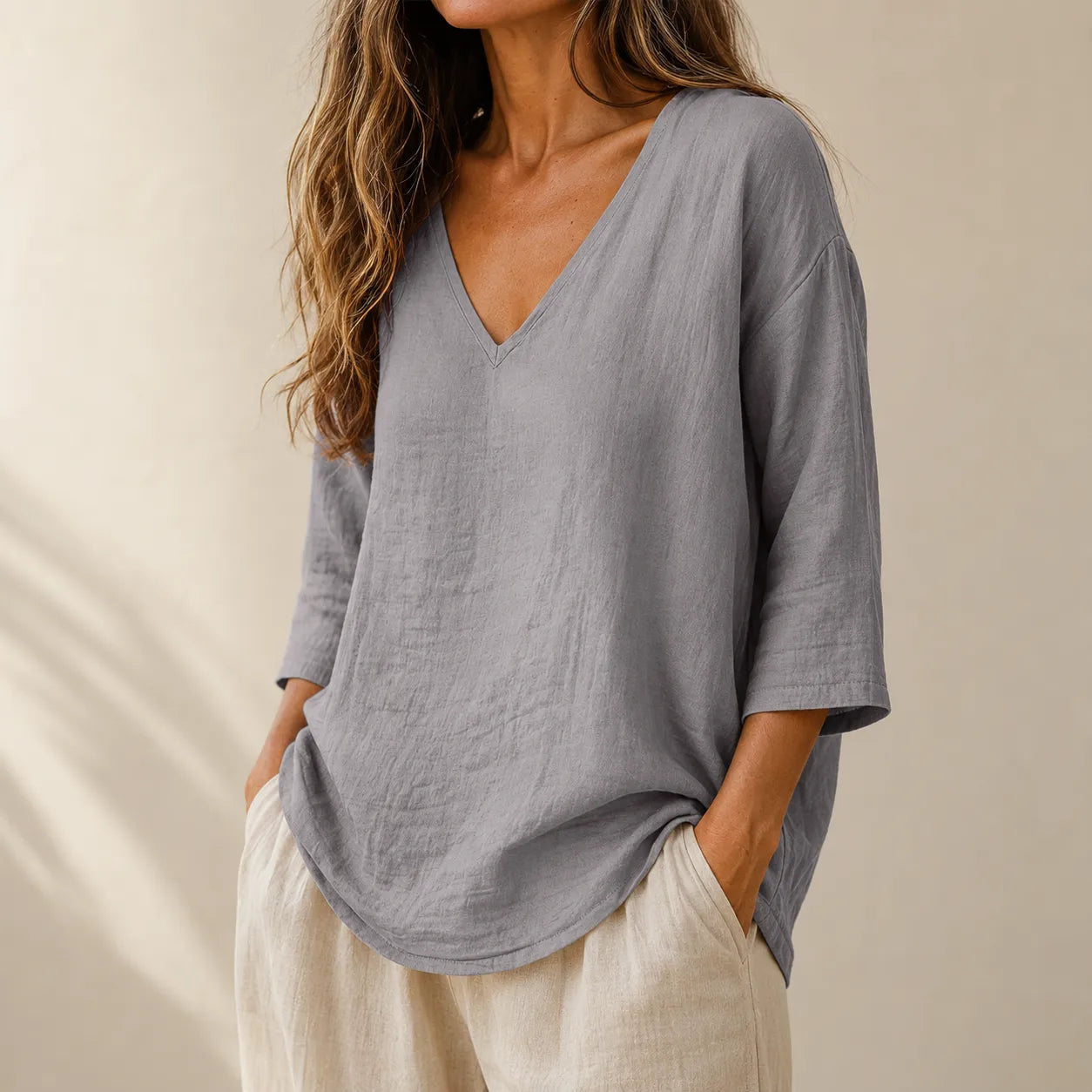 Linvie – Loose V-Neck Linen-Look Blouse with Three-Quarter Sleeves