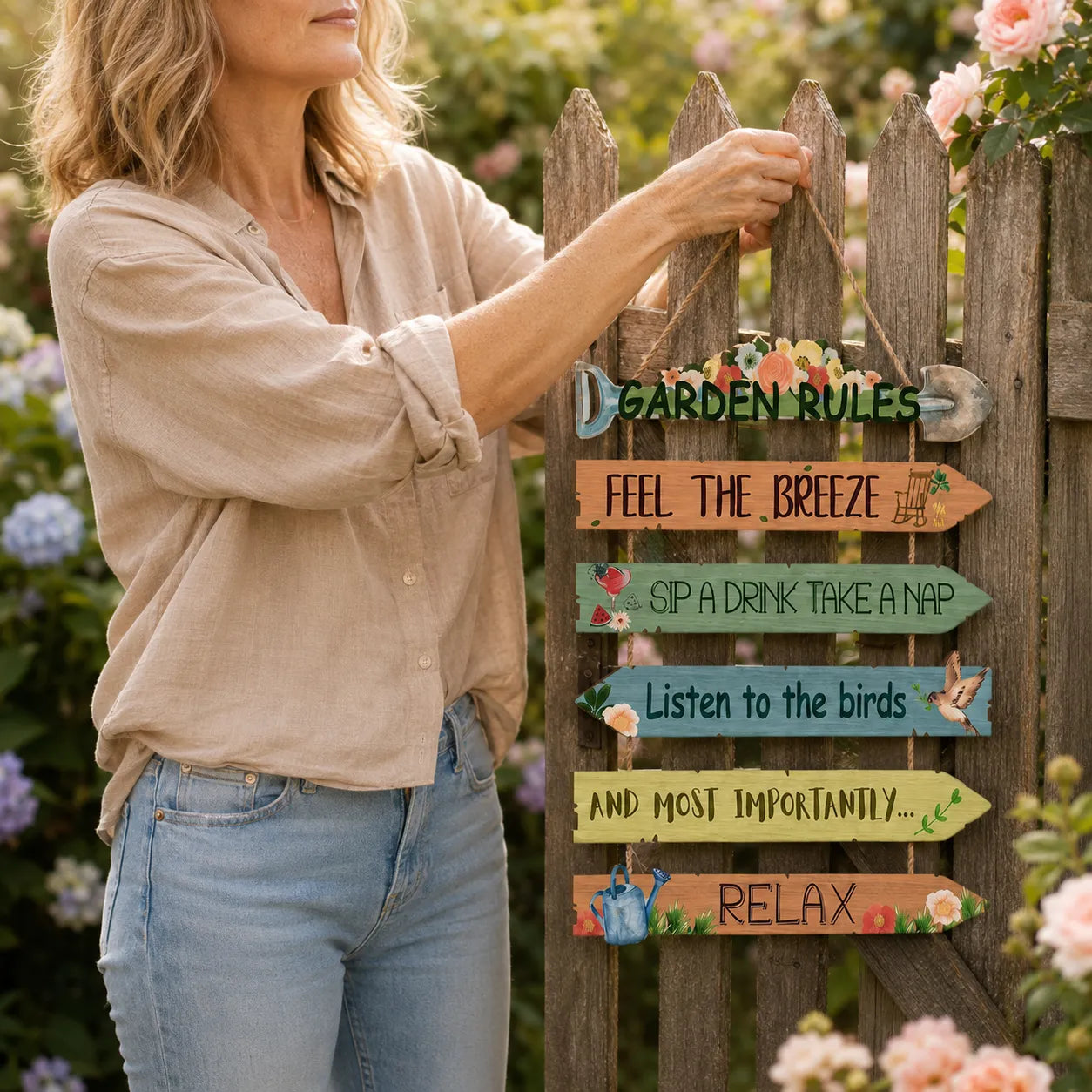 Blossomrow – Rustic Garden Rules Hanging Sign, Hand-Painted Wall Plaque with Rope