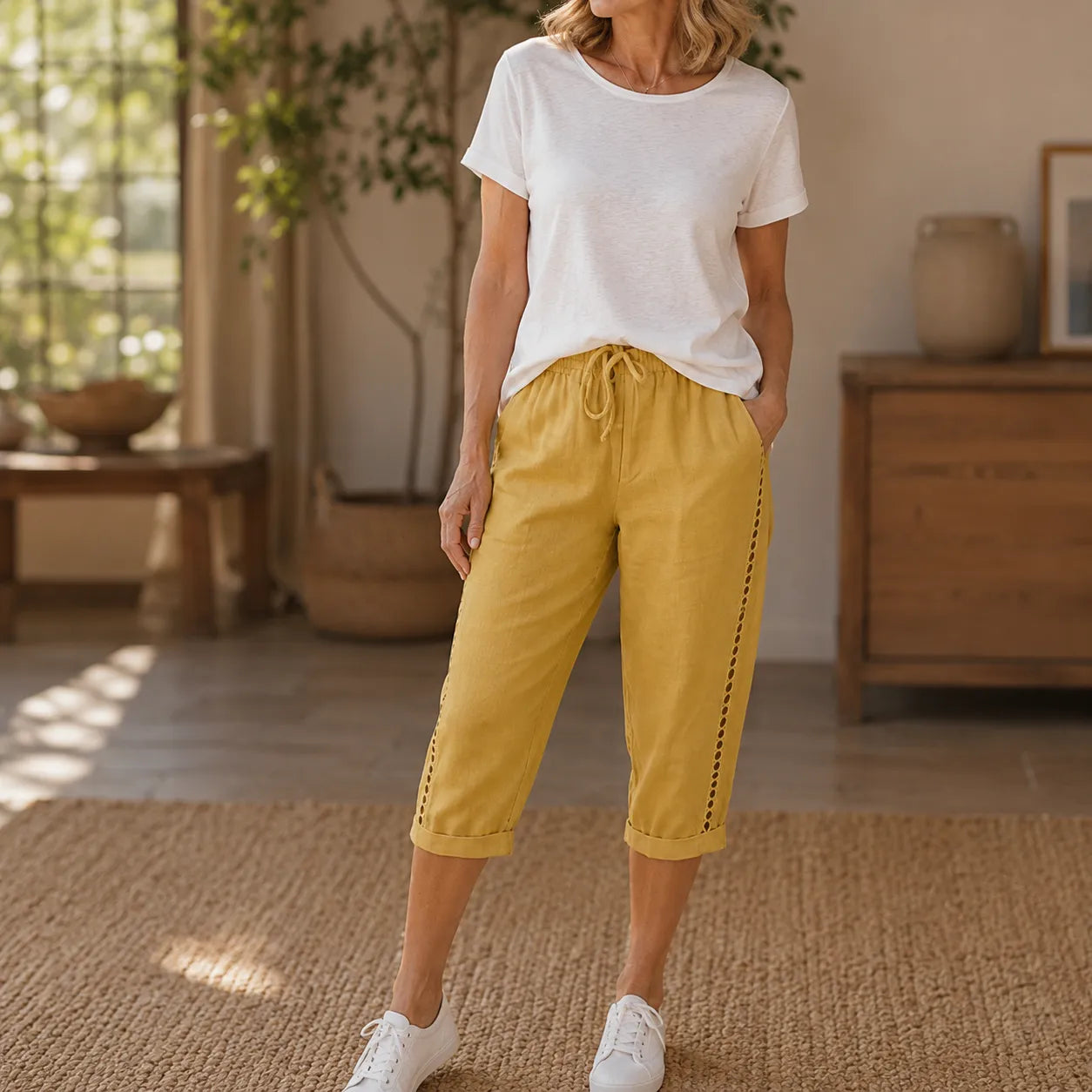 Loravie – Eyelet Trim Cotton-Linen-like Capri Pants with Drawstring Waist
