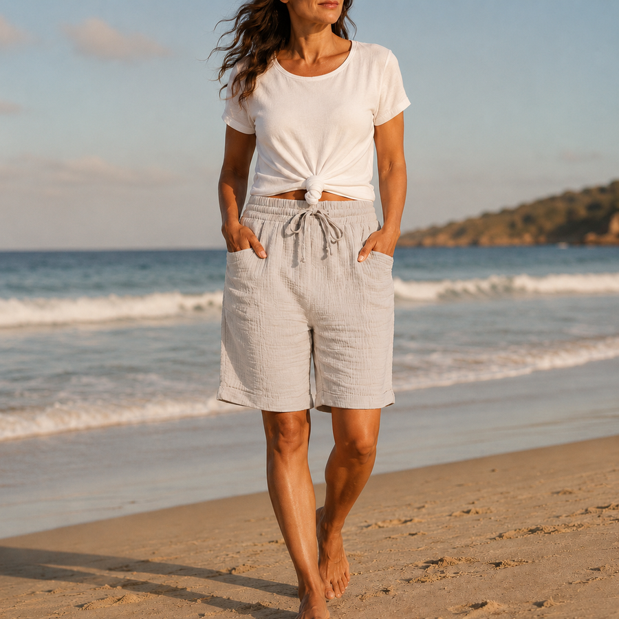 Brisella – Crinkle Bermuda Shorts with Drawstring Waist and Pockets