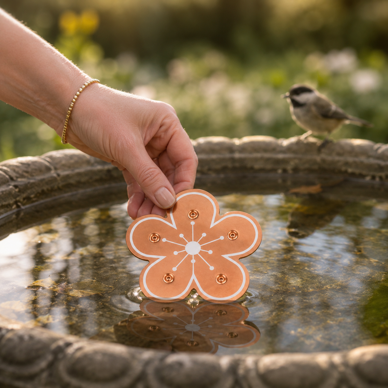 Bloomara – Pure Copper Bird Bath Purifier Disc, Algae Control Flower