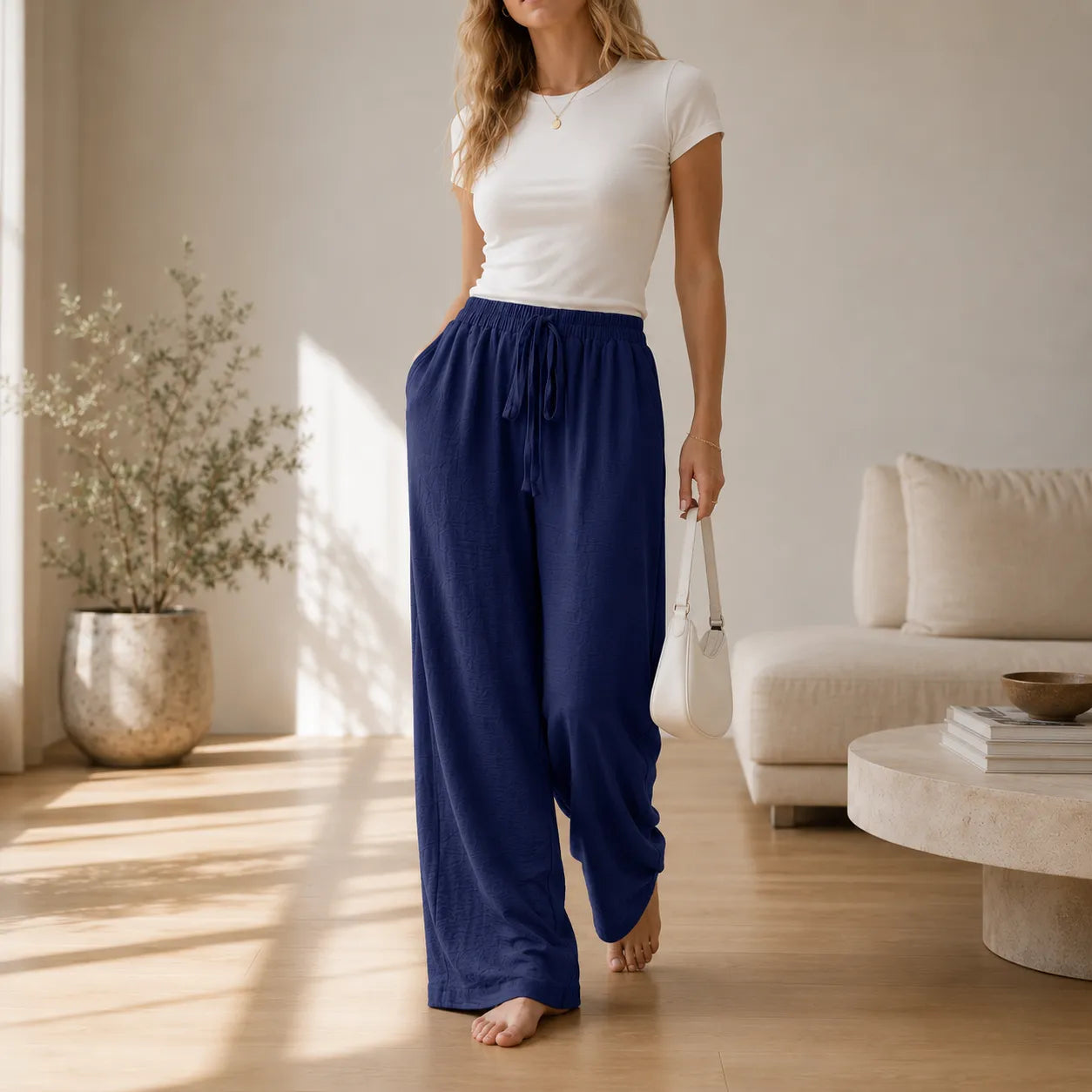 Loravie – Crinkle Wide Leg Elastic Waist Lounge Pants for Women
