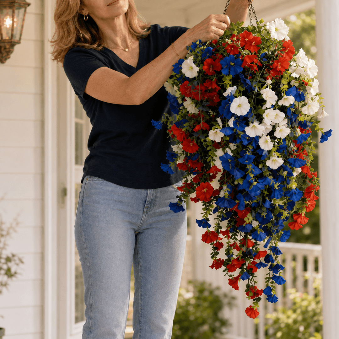 Liberty Bloom – Patriotic Hanging Flower Basket with LED Lights, Red White Blue Silk Blooms for July 4th Porch Decor
