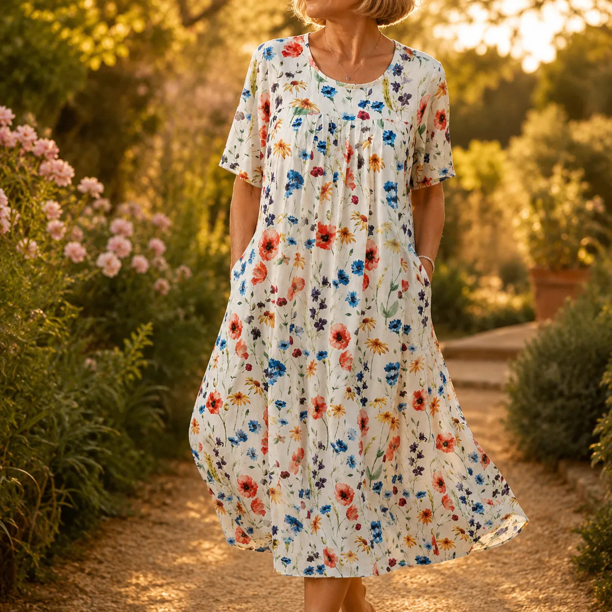 Fiorella – Floral Print Cotton-like Midi Dress with Pockets