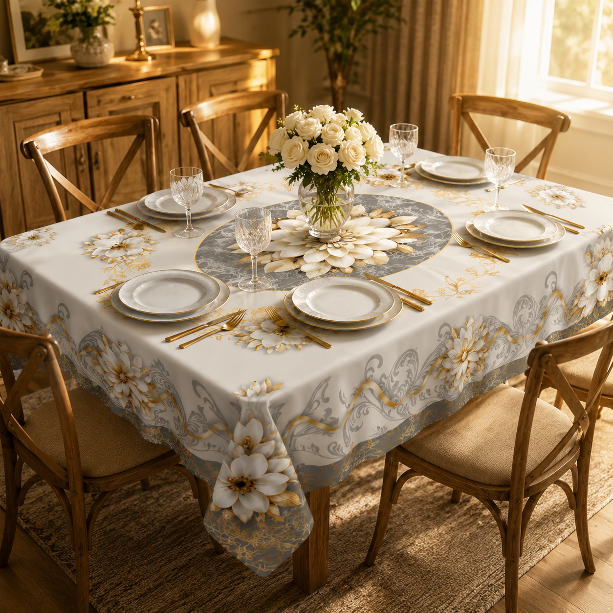 Florenza – Embossed Floral Waterproof Tablecloth for Round & Rectangular Tables