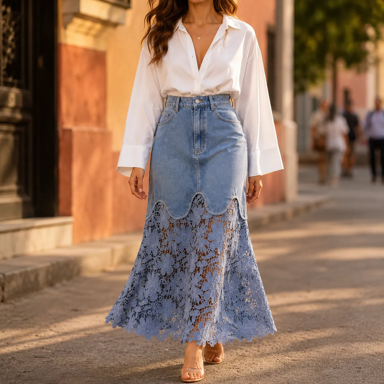 Florenza – Floral lace hem high waist denim maxi skirt with pockets
