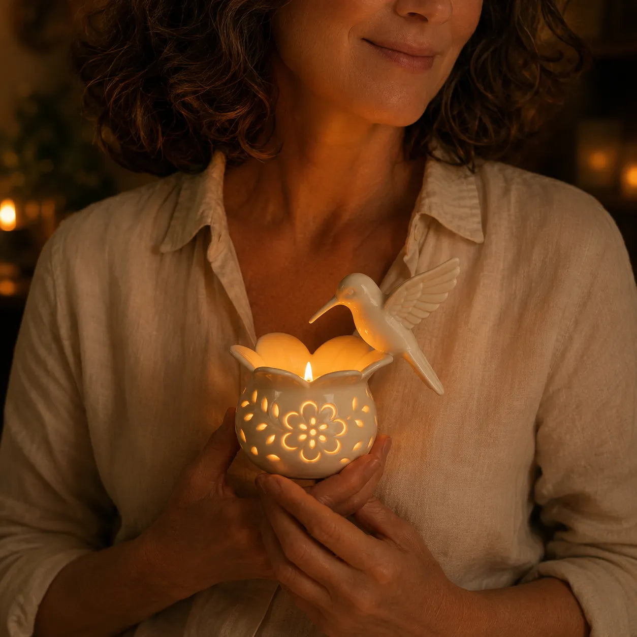 Lumavia – Hummingbird Tealight Candle Holder with Floral Shadow Base