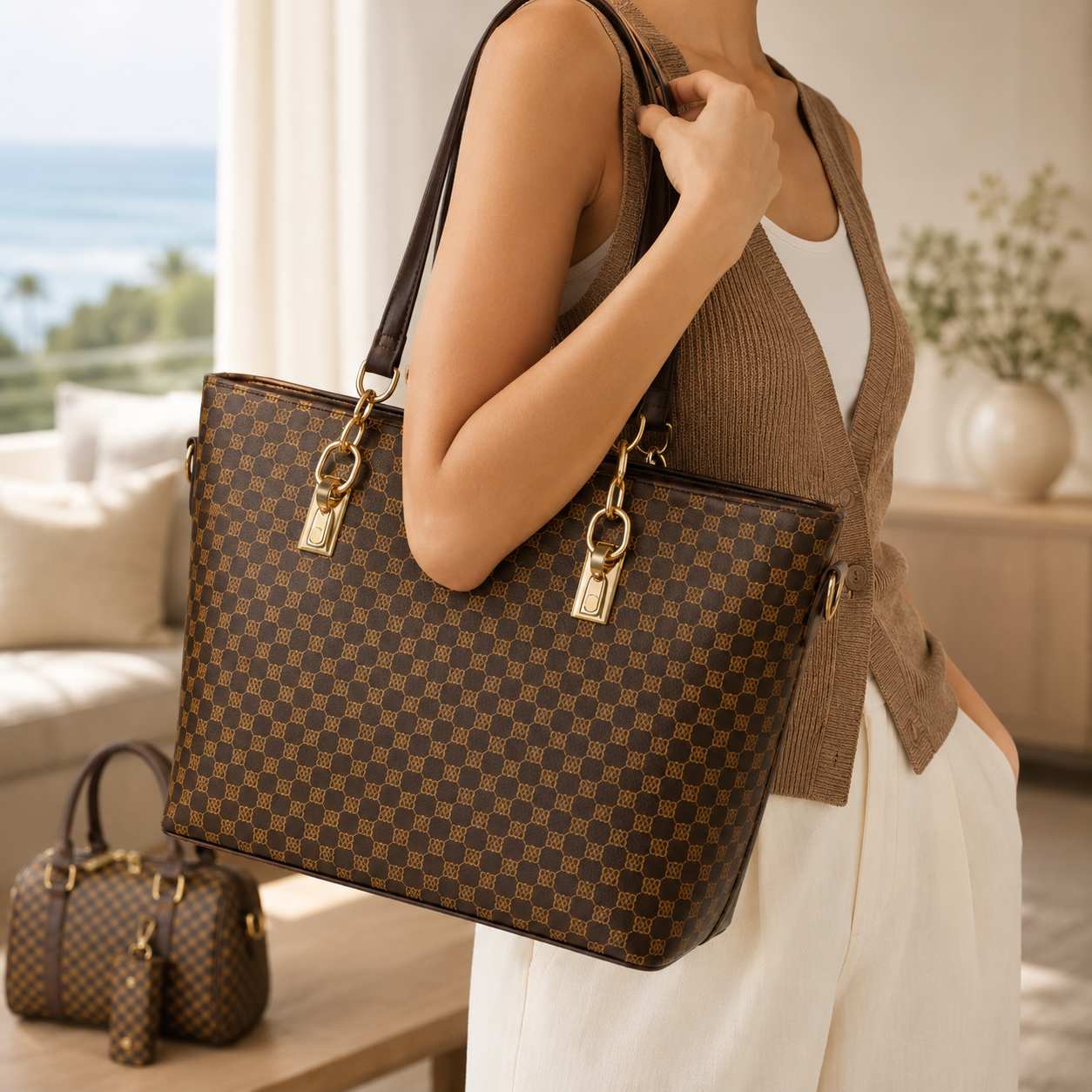 Carrelle – 6-Piece Checkered Handbag Set, Tote Crossbody Wallet for Women