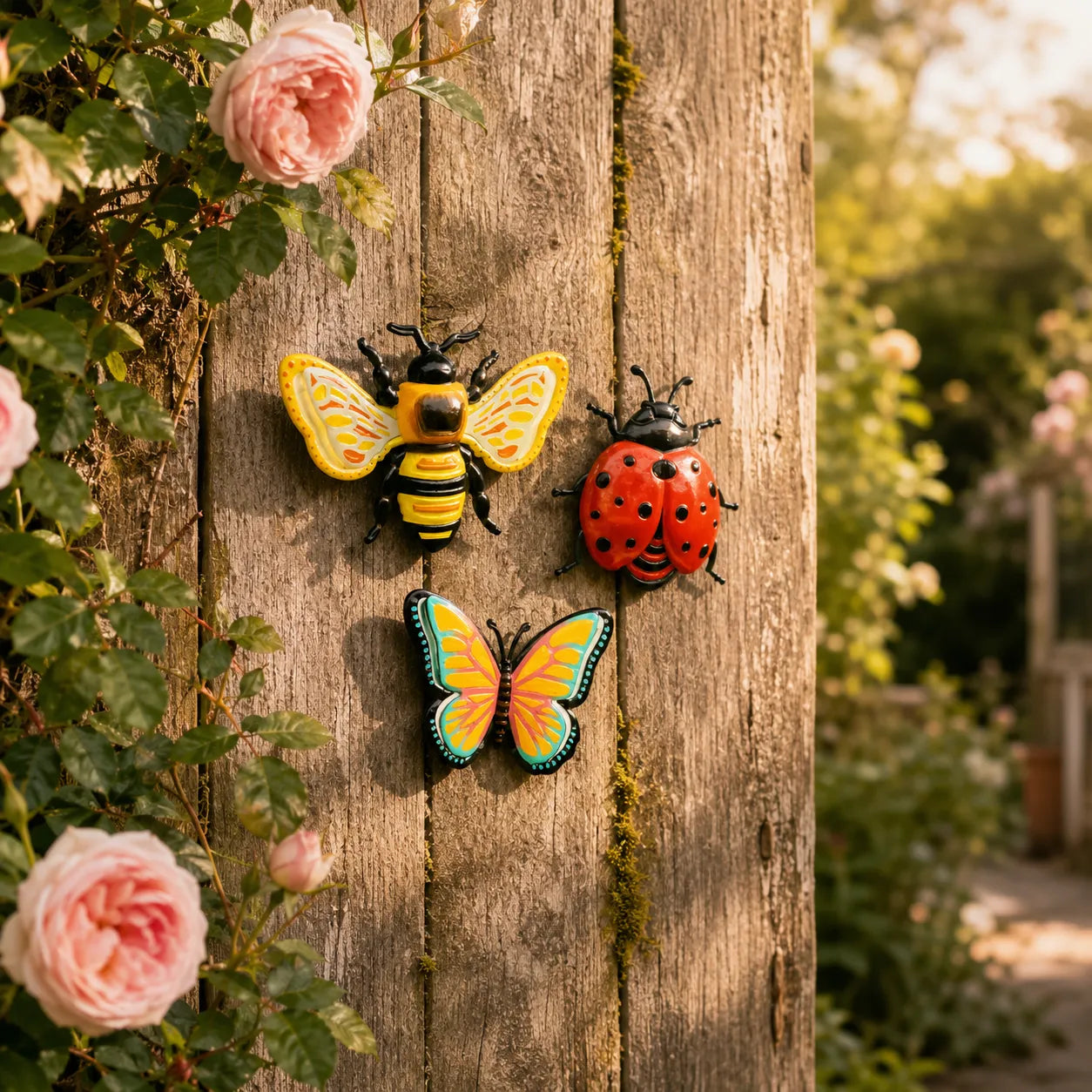 Bloomly – 3D Metal Bee Butterfly and Ladybug Garden Wall Decor Set, Hand-Painted Weatherproof, 3 Pieces